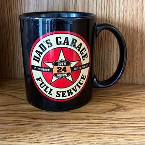 Coffee Mug Dad’s Garage Gloss Black with Car Repair Shop Logo